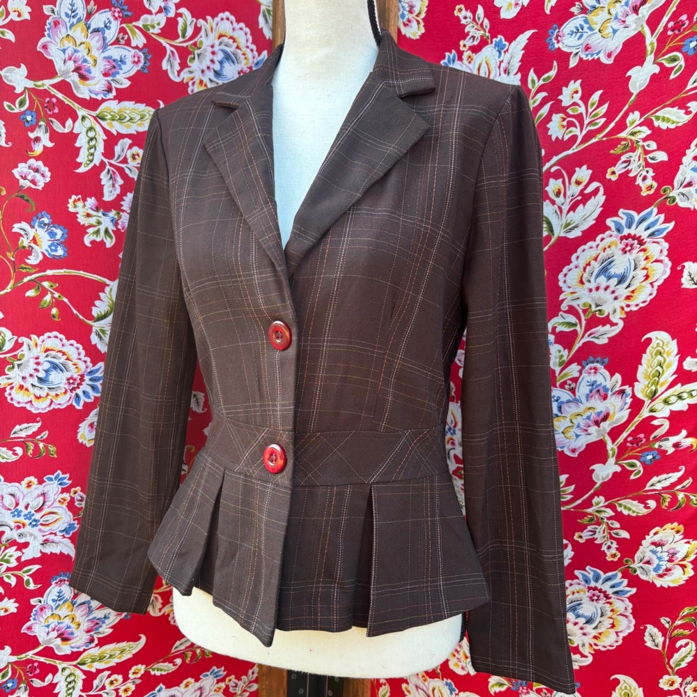 2000's Brown Pleated Plaid Fitted Peplum Blazer Jacket Size M